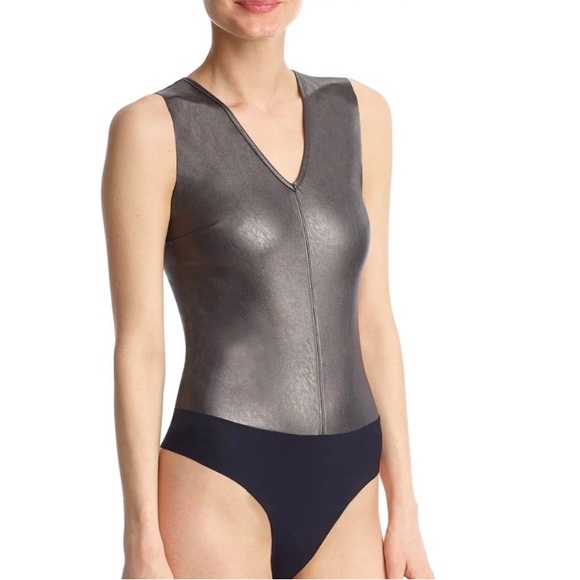 COMMENDO Deep V-Neck Faux Leather Bodysuit - Picture 1 of 5